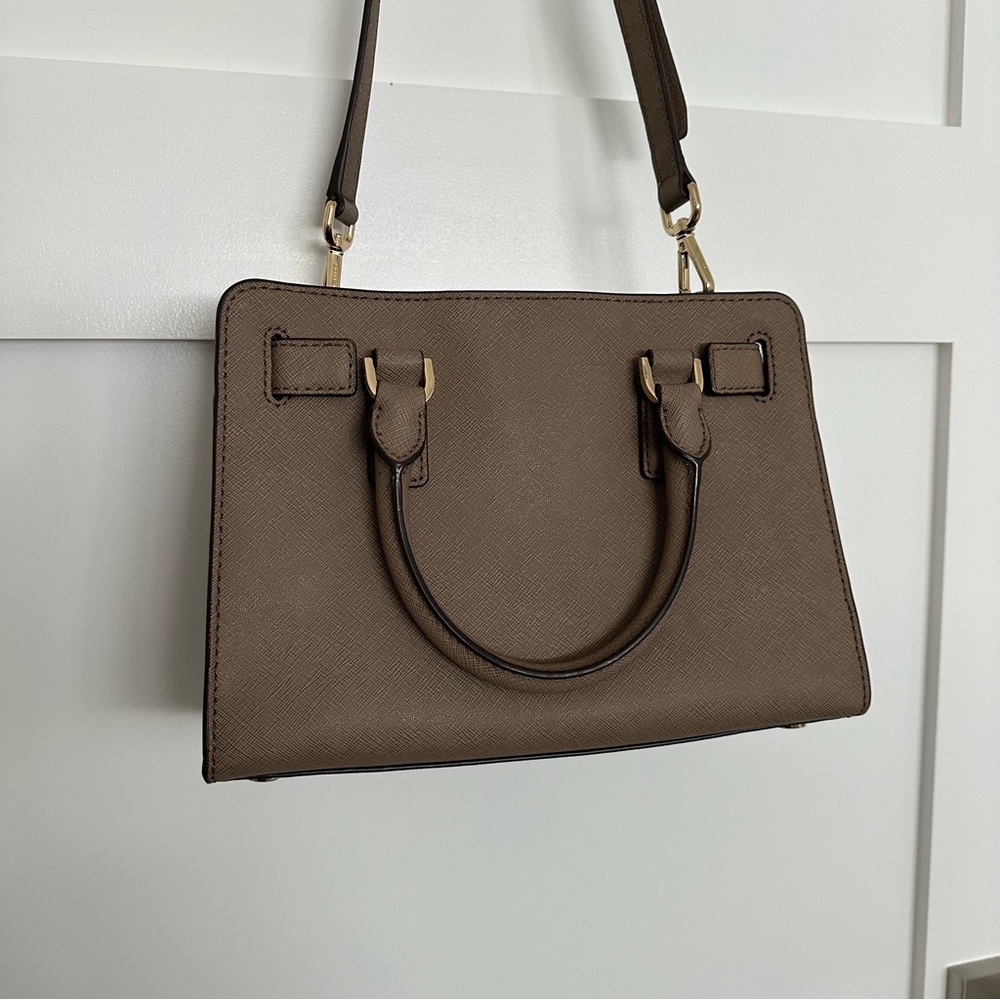 Michael Kors dillon dark Dune, small leather satchel taupe gold accents - Picture 6 of 10